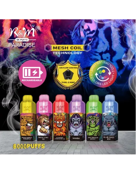 Original R&M Paradise 8000 puffs 15ml Vape Pen with RGB light Device Kit (Free Shipping)